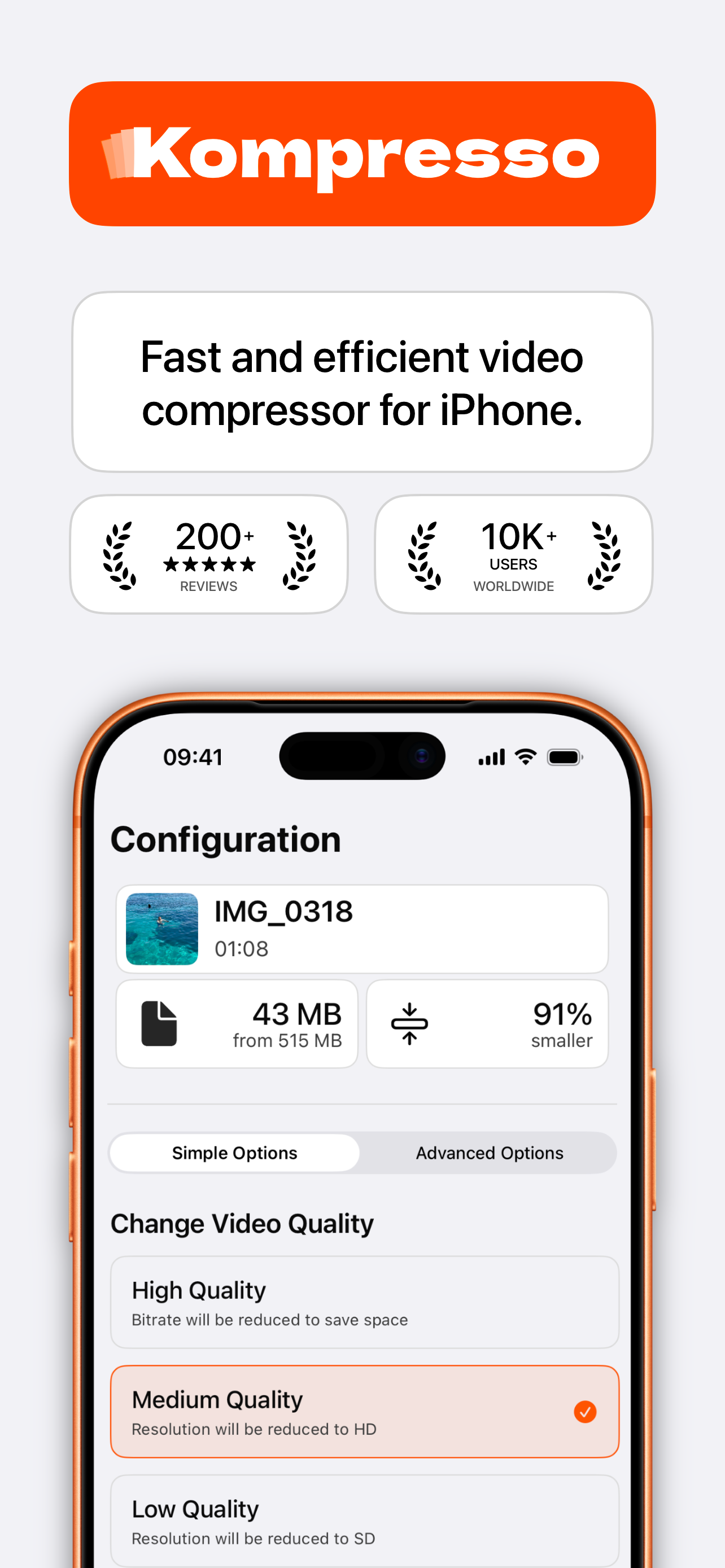 Configuration screen compressing a 515 MB iPhone video down to 43 MB, 91% smaller