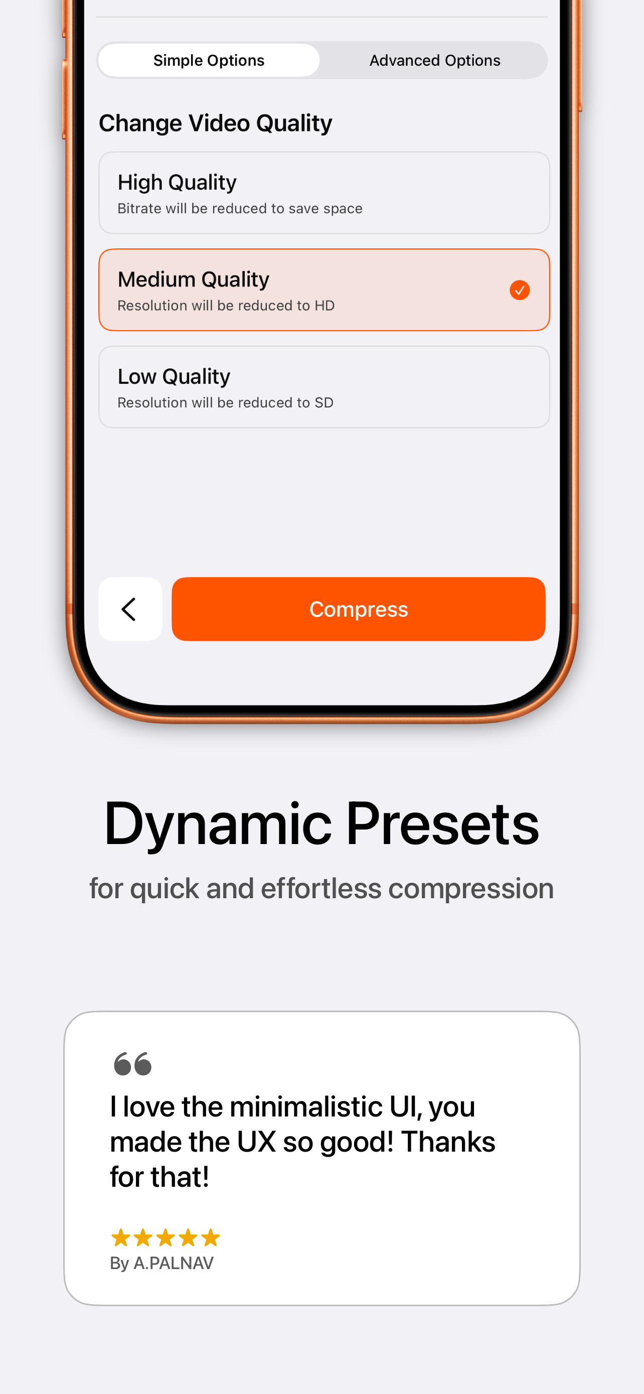 Dynamic High, Medium and Low quality presets for quick video compression on iPhone